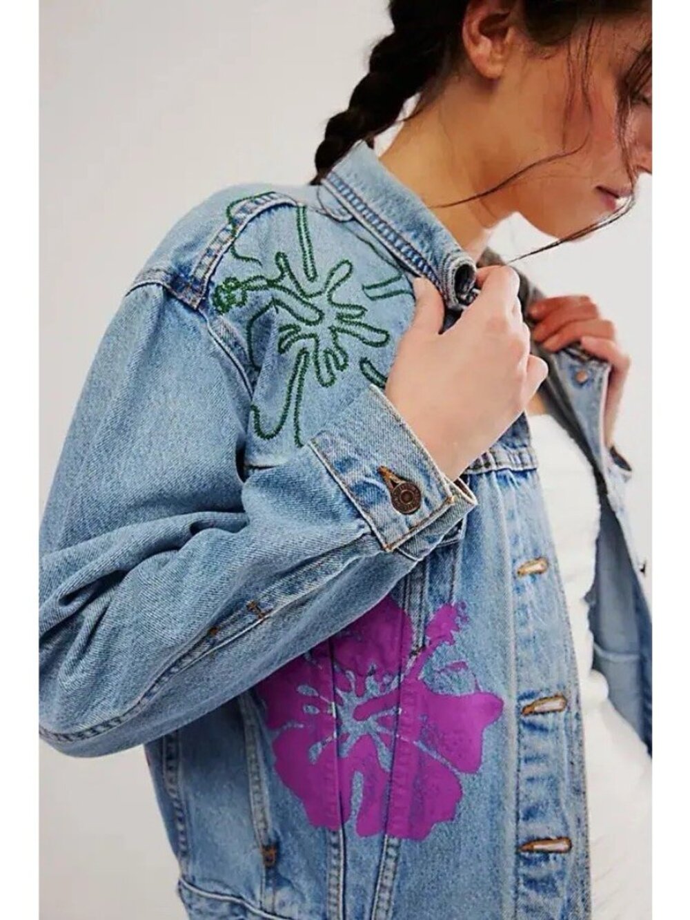 Free People x THNCLAFIX Women’s XS Hibiscus Denim Jacket Floral NWT - Picture 2 of 13